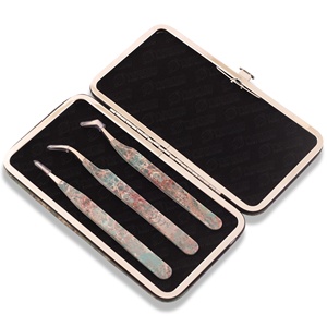 Customized Logo 3-Piece Marble Design Magnetic Case Stainless Steel Lash Tweezers Curved Volume Tip Eyelash Applicator