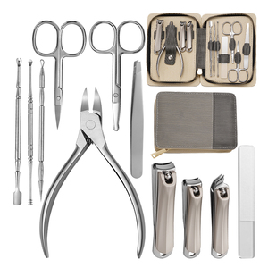 Professional Pedicure Set Carbon Steel Cuticle Clipper Silver Nail Cutter Leather Sheath High Quality Nails Tools 11-Piece