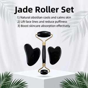 Natural Black Jade Double Roller Heart Massage Tool Set Rose Gold Finish Facial Massage Stone Kit